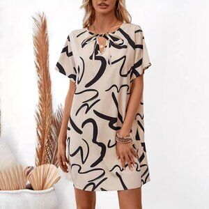 Loose short sleeves elegant dress skirt strap print commute